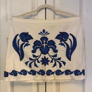 White Skirt with beaded Blue Floral Embroidery